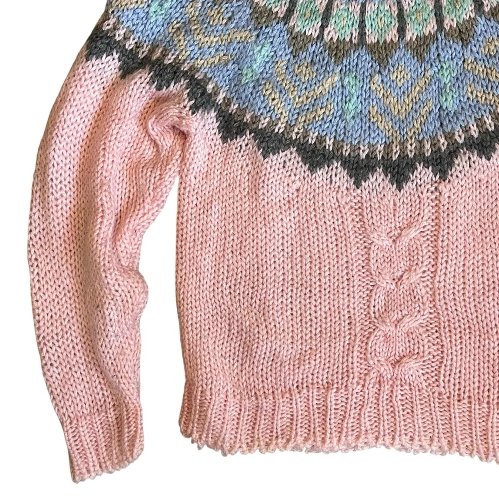 Le Pull-Over 80s Vintage Women’s Sz S Pink Fair Isle Sweater Pullover Crewneck